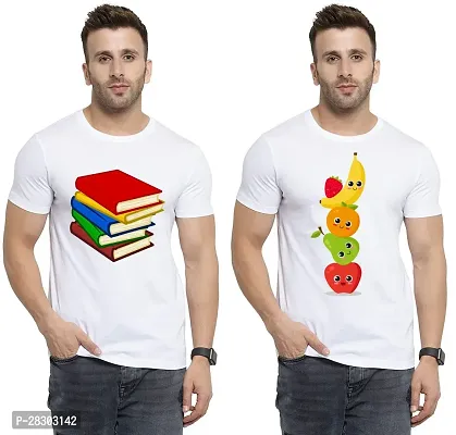 Reliable White Polycotton Printed Round Neck Tees For Men Pack Of 2