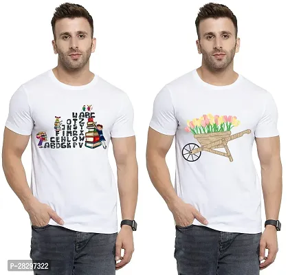 Stylish White Polycotton Printed Round Neck Tees For Men Pack Of 2