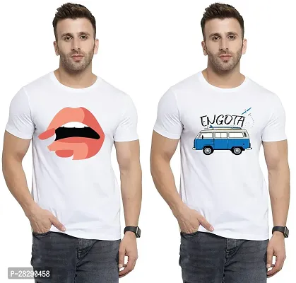 Stylish White Polycotton Half Sleeve Printed Round Neck Tees For Men Pack Of 2