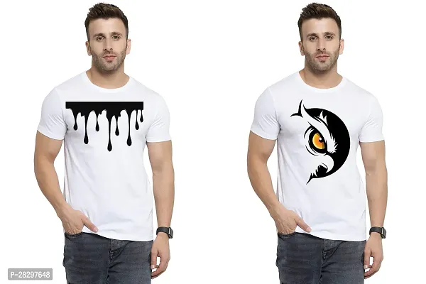 Stylish White Polycotton Half Sleeve Printed Round Neck Tees For Men Pack Of 2