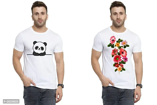 Stylish White Polycotton Half Sleeve Printed Round Neck Tees For Men Pack Of 2