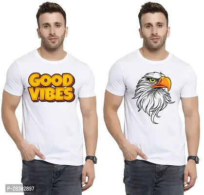 Stylish White Polycotton Half Sleeve Printed Round Neck Tees For Men Pack Of 2