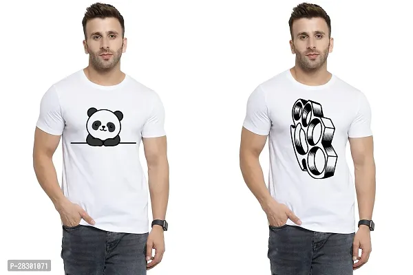 Stylish White Polycotton Half Sleeve Printed Round Neck Tees For Men Pack Of 2