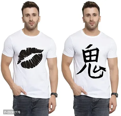 Stylish White Polycotton Half Sleeve Printed Round Neck Tees For Men Pack Of 2