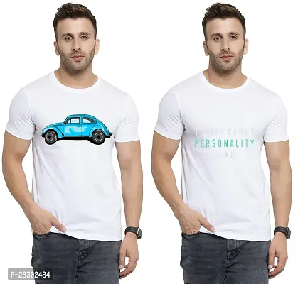 Stylish White Polycotton Half Sleeve Printed Round Neck Tees For Men Pack Of 2