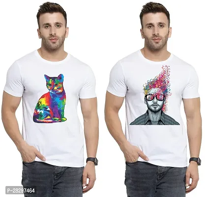 Stylish White Polycotton Printed Round Neck Tees For Men Pack Of 2