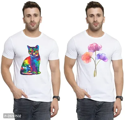 Stylish White Polycotton Printed Round Neck Tees For Men Pack Of 2