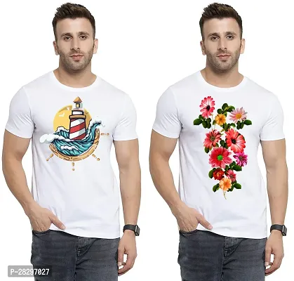 Stylish White Polycotton Half Sleeve Printed Round Neck Tees For Men Pack Of 2