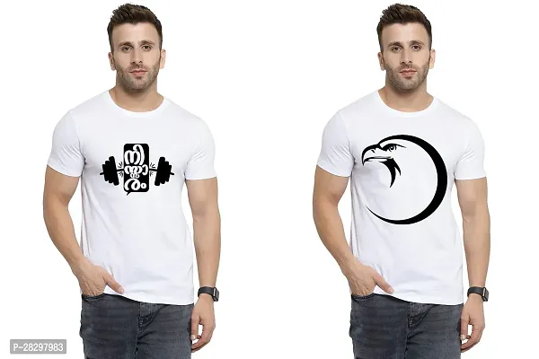 Stylish White Polycotton Half Sleeve Printed Round Neck Tees For Men Pack Of 2-thumb0