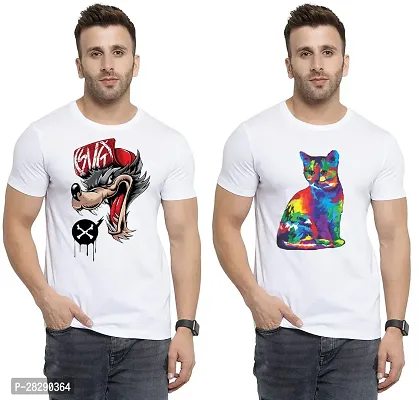 Stylish White Polycotton Half Sleeve Printed Round Neck Tees For Men Pack Of 2