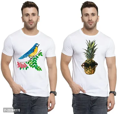 Stylish White Polycotton Half Sleeve Printed Round Neck Tees For Men Pack Of 2