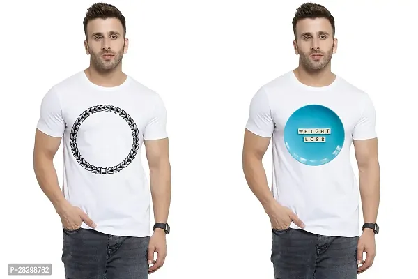 Stylish White Polycotton Half Sleeve Printed Round Neck Tees For Men Pack Of 2