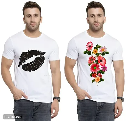 Stylish White Polycotton Half Sleeve Printed Round Neck Tees For Men Pack Of 2