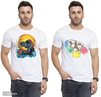 Stylish White Polycotton Half Sleeve Printed Round Neck Tees For Men Pack Of 2