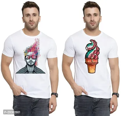 Stylish White Polycotton Half Sleeve Printed Round Neck Tees For Men Pack Of 2