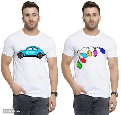 Stylish White Polycotton Half Sleeve Printed Round Neck Tees For Men Pack Of 2