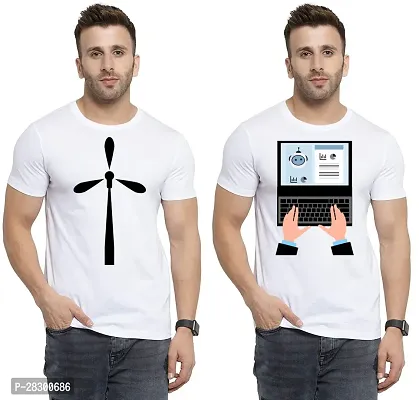 Stylish White Polycotton Half Sleeve Printed Round Neck Tees For Men Pack Of 2