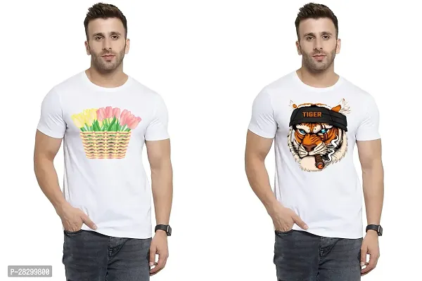 Stylish White Polycotton Half Sleeve Printed Round Neck Tees For Men Pack Of 2