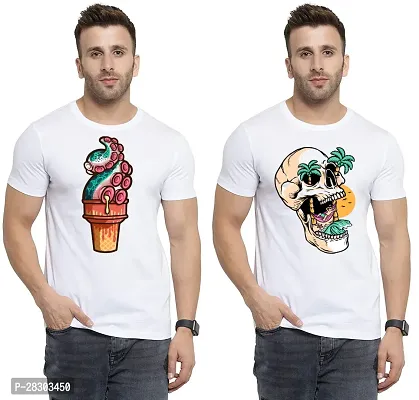 Reliable White Polycotton Printed Round Neck Tees For Men Pack Of 2