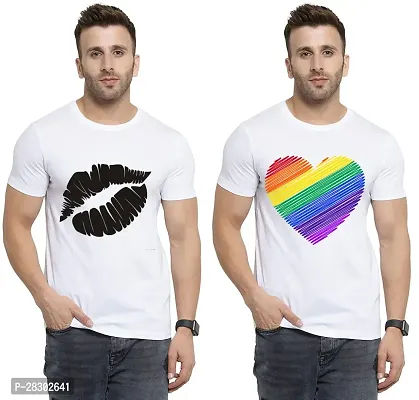 Stylish White Polycotton Half Sleeve Printed Round Neck Tees For Men Pack Of 2