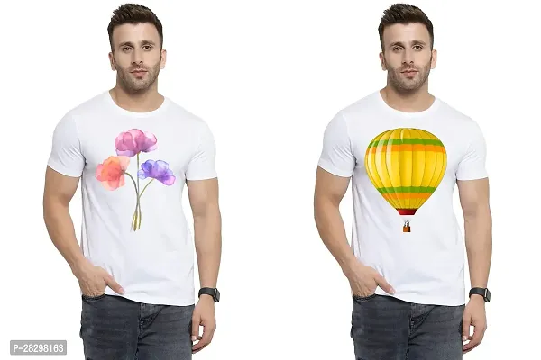 Stylish White Polycotton Half Sleeve Printed Round Neck Tees For Men Pack Of 2