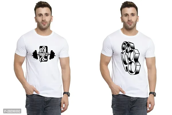 Stylish White Polycotton Half Sleeve Printed Round Neck Tees For Men Pack Of 2-thumb0