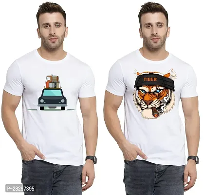 Stylish White Polycotton Printed Round Neck Tees For Men Pack Of 2