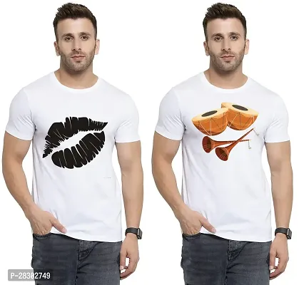 Stylish White Polycotton Half Sleeve Printed Round Neck Tees For Men Pack Of 2