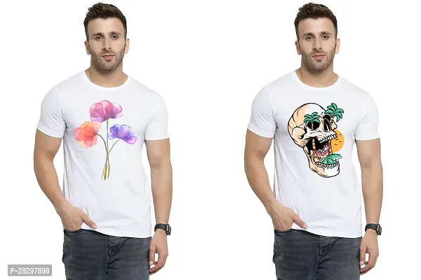 Stylish White Polycotton Half Sleeve Printed Round Neck Tees For Men Pack Of 2