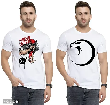 Stylish White Polycotton Half Sleeve Printed Round Neck Tees For Men Pack Of 2