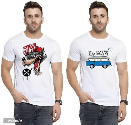 Stylish White Polycotton Half Sleeve Printed Round Neck Tees For Men Pack Of 2