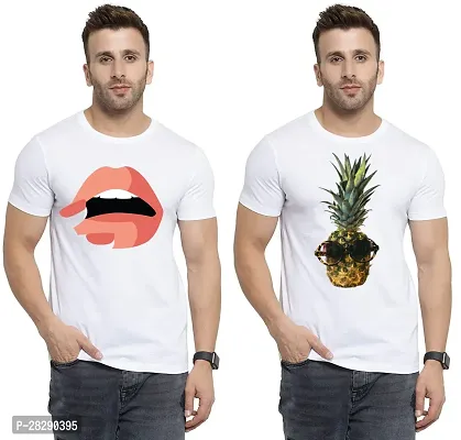 Stylish White Polycotton Half Sleeve Printed Round Neck Tees For Men Pack Of 2