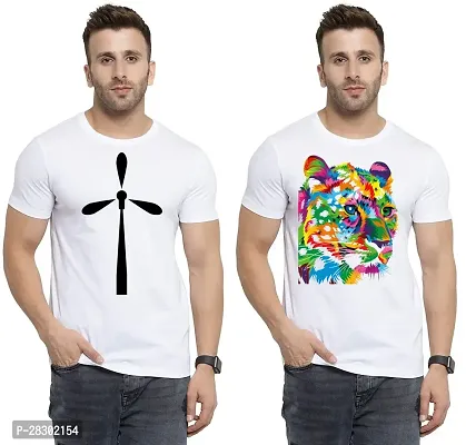 Stylish White Polycotton Half Sleeve Printed Round Neck Tees For Men Pack Of 2