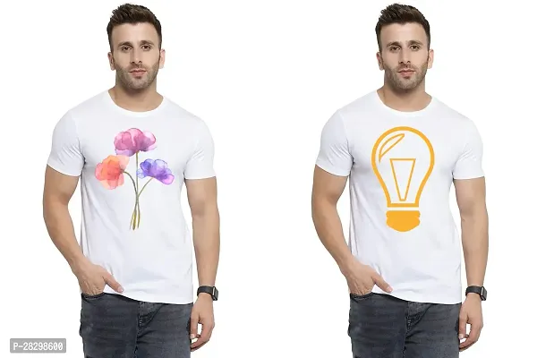 Stylish White Polycotton Half Sleeve Printed Round Neck Tees For Men Pack Of 2-thumb0