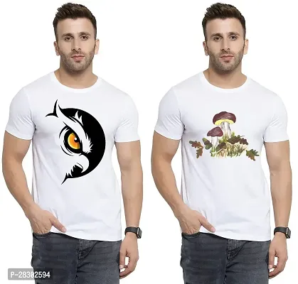 Stylish White Polycotton Half Sleeve Printed Round Neck Tees For Men Pack Of 2