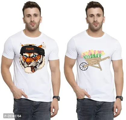 Stylish White Polycotton Half Sleeve Printed Round Neck Tees For Men Pack Of 2