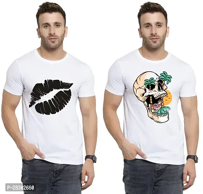 Stylish White Polycotton Half Sleeve Printed Round Neck Tees For Men Pack Of 2