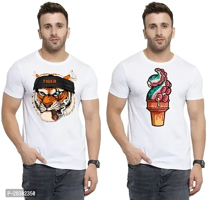 Stylish White Polycotton Half Sleeve Printed Round Neck Tees For Men Pack Of 2