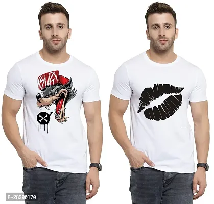 Stylish White Polycotton Half Sleeve Printed Round Neck Tees For Men Pack Of 2