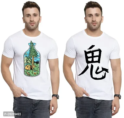 Stylish White Polycotton Half Sleeve Printed Round Neck Tees For Men Pack Of 2