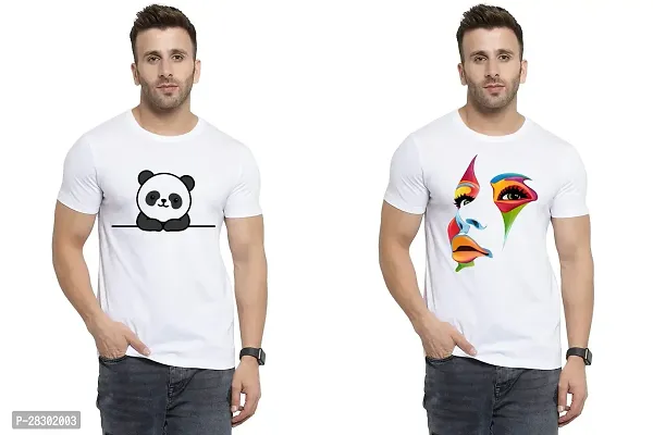 Stylish White Polycotton Half Sleeve Printed Round Neck Tees For Men Pack Of 2