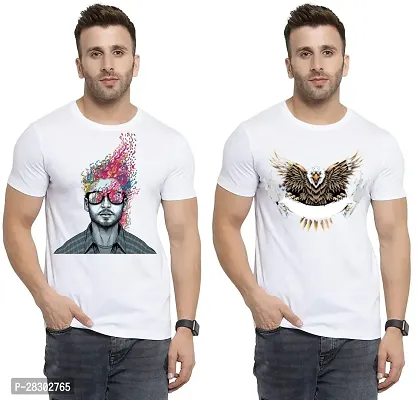 Stylish White Polycotton Half Sleeve Printed Round Neck Tees For Men Pack Of 2