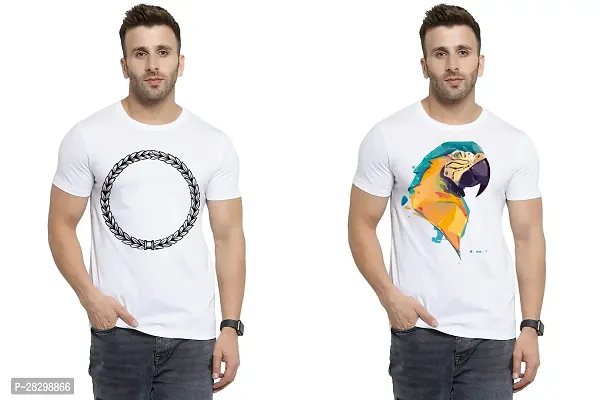 Stylish White Polycotton Half Sleeve Printed Round Neck Tees For Men Pack Of 2