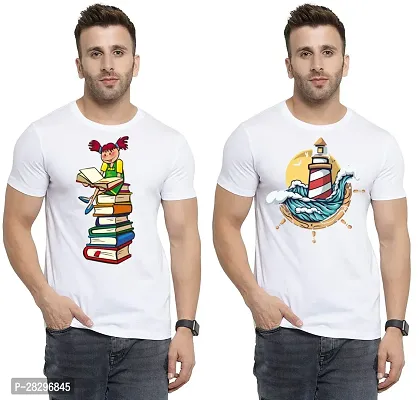 Stylish White Polycotton Printed Round Neck Tees For Men Pack Of 2-thumb0