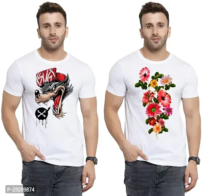 Stylish White Polycotton Half Sleeve Printed Round Neck Tees For Men Pack Of 2-thumb0