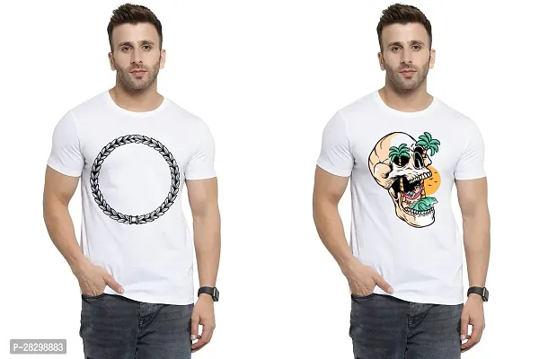 Stylish White Polycotton Half Sleeve Printed Round Neck Tees For Men Pack Of 2