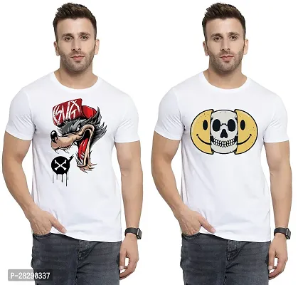 Stylish White Polycotton Half Sleeve Printed Round Neck Tees For Men Pack Of 2