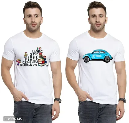 Stylish White Polycotton Printed Round Neck Tees For Men Pack Of 2