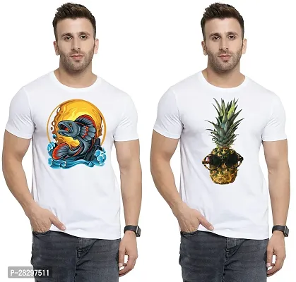 Stylish White Polycotton Printed Round Neck Tees For Men Pack Of 2