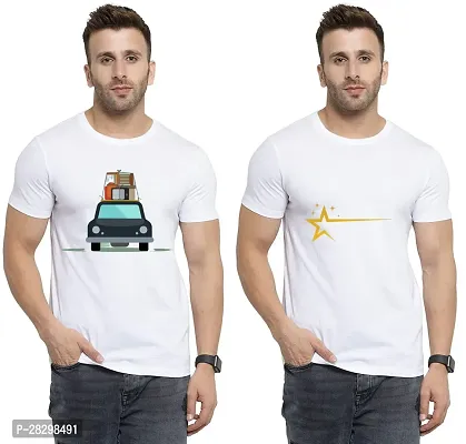 Stylish White Polycotton Half Sleeve Printed Round Neck Tees For Men Pack Of 2